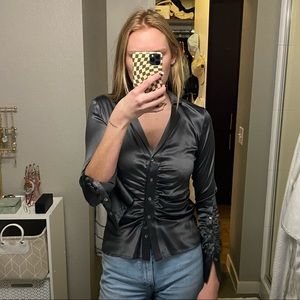 Fitted gray silk button up blouse